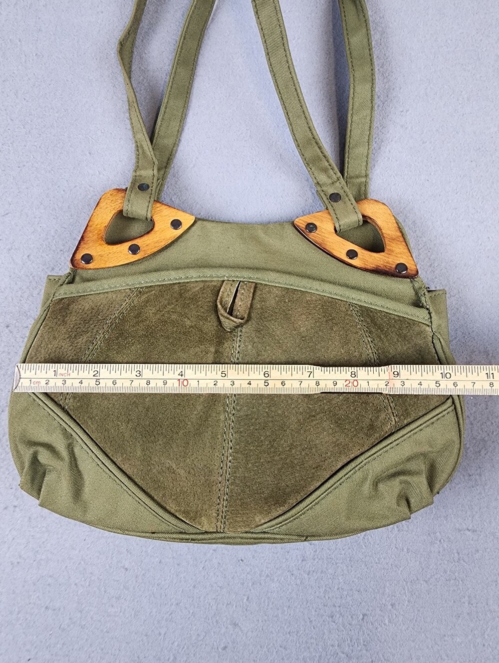 VTG Sassy Olive Canvas Shoulder Bag  Women's Tote Suede Zip Utility Wood - Picture 9 of 11